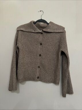 Ribbed Button-Front Cardigan with Wide Collar - Taupe